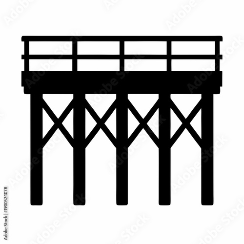 Black silhouette of wooden bridge structure isolated on white background.