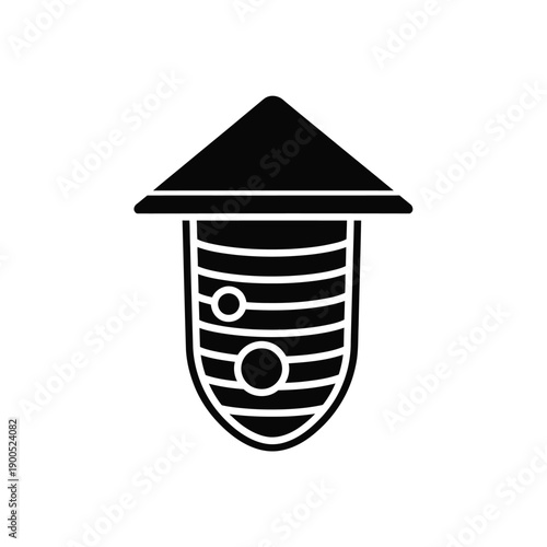 Wild beehive hanging nest vector icon for outdoor nature exploration and forest wildlife conservation showing black silhouette of traditional insect home on white background design