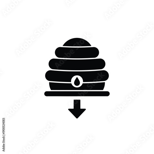 Honey harvesting vector icon for bee farm production showing black hive silhouette with honey drop and downward arrow for collection process and industrial yield on white background