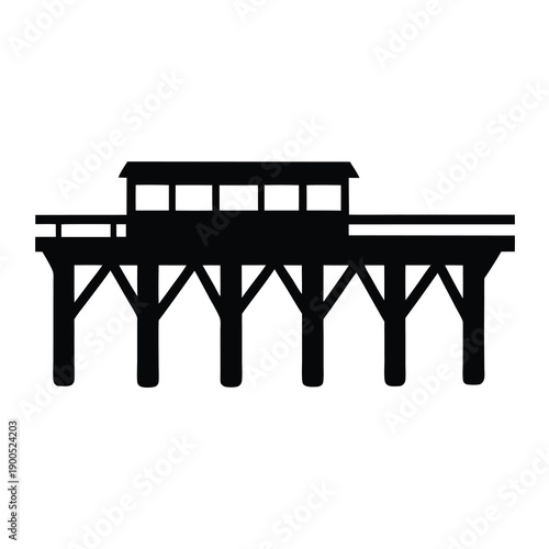 Silhouette of a wooden pier with a structure on top in black