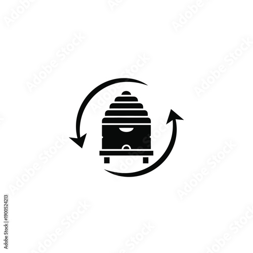 Beehive icon with circular arrows indicating process or cycle, symbol for beekeeping, honey production, or apiary management, black graphic