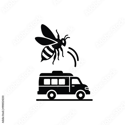 Wasp sting allergic reaction medical transportation concept icon showing hornet attacking ambulance van bus silhouette for healthcare emergency service design and first aid education