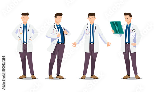 Asian male orthopedist doctor character set. Flat vector featuring poses like checking knee X-ray, adjusting coat, and open arms. Versatile for medical and diagnostic content.