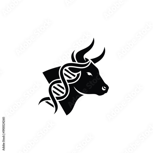 Bovine genetics research logo showing bull head silhouette combined with dna double helix structure for livestock breeding and agricultural biotechnology enhancement representation