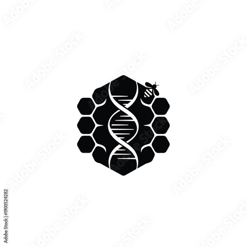 Black and white vector illustration of beehive with DNA structure and a small bee, symbolizing genetic connection to honey, healthy product, and natural science