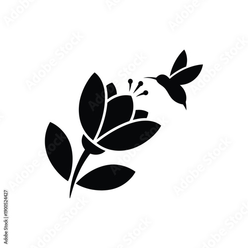 Hummingbird drinking nectar from blooming flower silhouette vector illustration for wildlife conservation botanical study and tropical garden nature theme design project elements