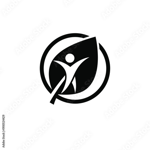 Dynamic human silhouette combined with large leaf shape inside circle represent environmental protection active lifestyle sustainability and organic health awareness concept design
