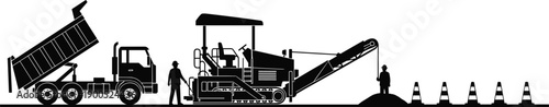 Road construction silhouettes, asphalt paving machine, dump truck, workers, traffic cones, highway repair industrial vector illustration
