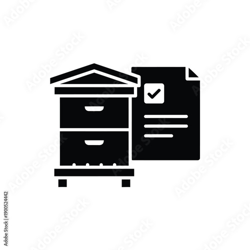 Beehive documentation with checkmark black glyph icon. beehive status, maintenance, and compliance information. beekeeping management