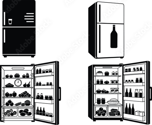 Set of Refrigerator Icons Featuring Black Silhouettes and Detailed Open Fridge Illustrations with Food Items and Shelves Isolated on White Background for Kitchen Design