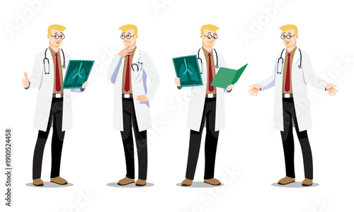 Caucasian Pulmonologist male doctor with blonde hair and beard. Flat vector set featuring lung X-ray and folder. Professional character for healthcare and respiratory health content.