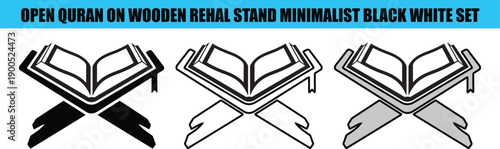 Open Quran on wooden rehal stand minimalist black white grey book