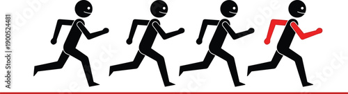 running figures sequence, leadership concept, standout runner, red arm highlight, teamwork metaphor, individuality, competition, progress, motion, success, vector illustration
