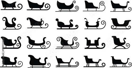 Large Collection of Black Sleigh Silhouettes Featuring Diverse Vintage Sled Outlines and Decorative Christmas Carriage Icons Isolated on White Background for Winter Holiday Graphic Design
