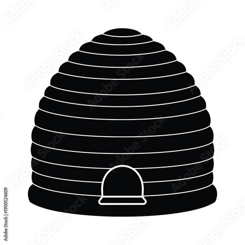 Traditional beehive vector icon in black flat style, classic straw skep or bee house for honey production isolated on white background