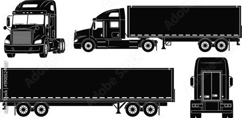Semi truck trailer silhouettes set cargo transport vehicle collection front side rear view isolated black vector illustration for logistics