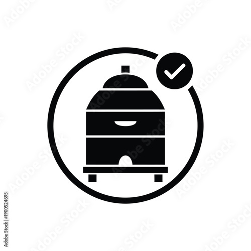 Approved beehive icon with checkmark symbol inside circular frame representing successful inspection and healthy bee colony management in professional black and white vector style
