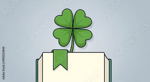 Lucky four leaf clover growing out of a book with green bookmark on light blue background