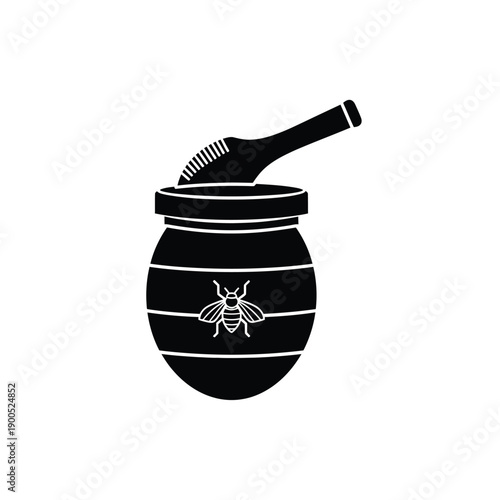 Honey pot with wooden dipper and bee logo illustration on white background as simple flat vector icon for sweet organic food products and natural sweetener marketing materials design