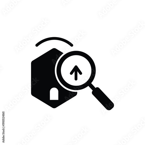 Black beehive and magnifying glass icon for research concept on white background as simple vector illustration for beekeeping analytics and honey production quality check symbols