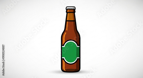 Brown glass beer bottle with green label on white background illustration