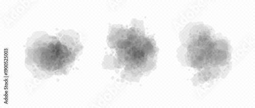 Grey blobs set in watercolor style. Soft black watercolour texture splash effects. Round ink or paint brush shape element collection. Abstract liquid color splatters, spots, stains and drops. Vector