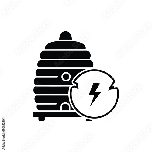 Classic traditional beehive icon with electric power flash symbol in circle representing energy from nature or bee sting concept for warning signs and sustainable power industry