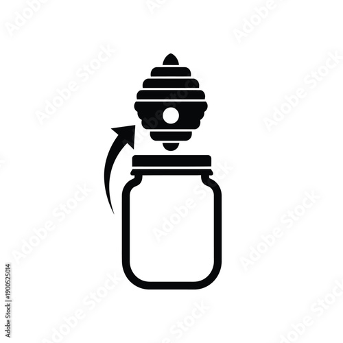Minimalist icon of glass honey jar with lid being opened and beehive symbol floating above showing natural organic food production and storage for retail and packaging concepts