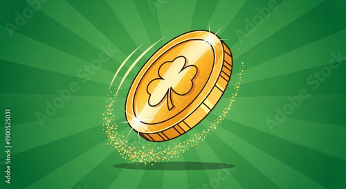 Golden coin with four leaf clover symbol floating on green background with rays and sparkles representing luck and prosperity