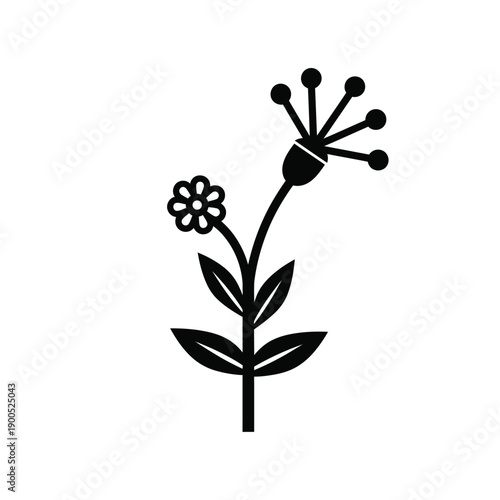 Abstract floral plant illustration with stylized wild flowers and leaves in black silhouette for nature conservation environmental awareness and organic botanical design projects