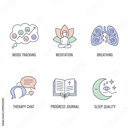 Mental Health and Wellbeing Icons for Self-Care and Emotional Wellness