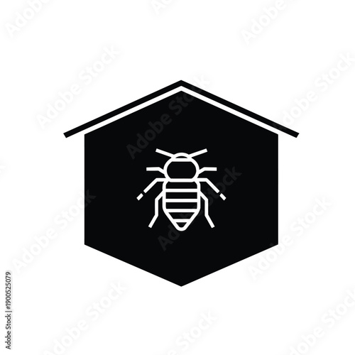 Bee icon inside a hexagon shaped beehive, minimalist vector illustration of an insect in a shelter, beekeeping concept