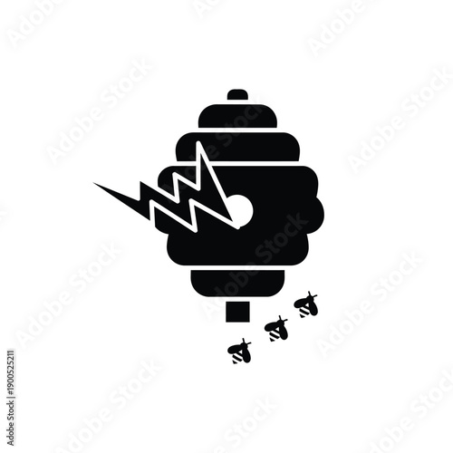 Beehive with a lightning bolt and bees flying out, simple black vector illustration isolated on white background