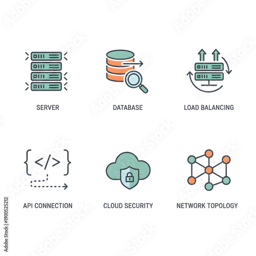 Icon set illustrating server, database, load balancing, API connection, cloud security, and network topology concepts