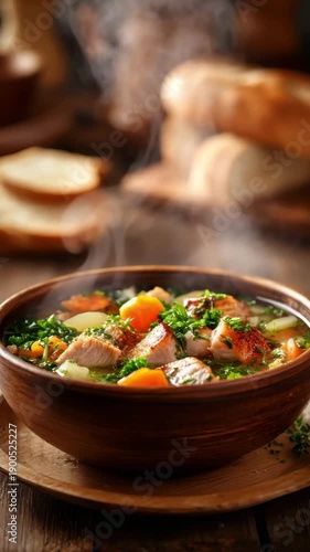 Hearty chicken noodle soup with vegetables in rustic wooden bowl on table. Bowl of hearty turkey noodle soup with vegetables and herbs. concept of homemade comfort food
