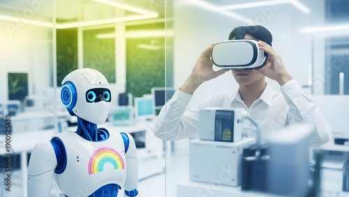 Man in lab using virtual reality headset with robot by his side