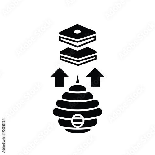 Abstract representation of a beehive with layered honeycombs and upward arrows, symbolizing production