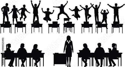 student silhouettes, classroom scene, school children jumping, teacher at desk, education concept, learning environment, classroom activity, vector illustration