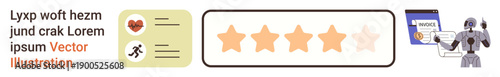 Feedback analysis, artificial intelligence, health management, digital services, automation, quality evaluation. Heart rate, running icons star rating robot and person database. Feedback analysis