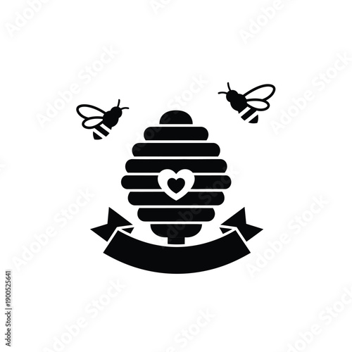 Beehive and flying bees with a banner, isolated on white background, design element illustration vector, beekeeping symbol, nature, insects