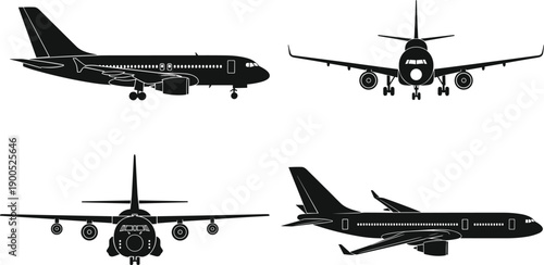 Commercial airplane silhouette illustration set showing front and side views with wings, engines, landing gear, and aviation transport design concept
