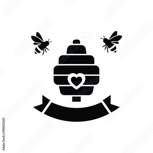 Modern beehive and flying bees with a banner, isolated on white background, design element illustration vector, beekeeping symbol, nature, insects