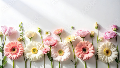 Colorful spring flowers border arranged on white background with copy space