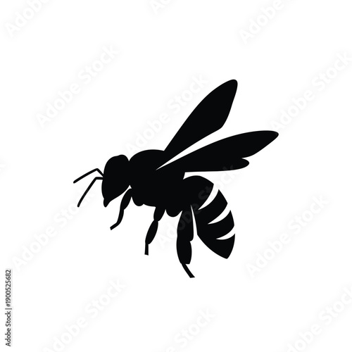 Black silhouette of bee in flight, isolated on white background, emphasizing its form and wingspan for concepts of nature and pollination