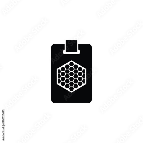 Black silhouette of tag with honeycomb pattern inside, representing beekeeping, honey, nature and organic products