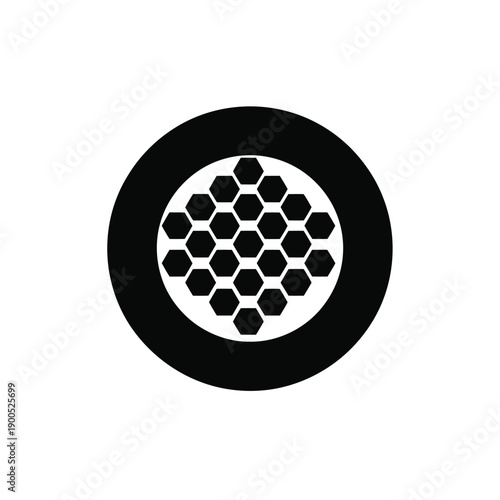 Black and white circular beehive frame icon with hexagonal honeycomb pattern inside thick border representing apiary structure for honey production and natural beekeeping practices