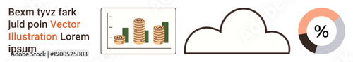 Business analysis, cloud storage, financial growth, data visualization, economic trends, performance tracking. Chart with coins, cloud icon and percentage circle. Financial growth and data