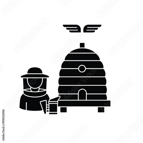 Beekeeper and hive silhouette for apiary management icon honey production farm equipment professional beekeeping gear symbol agricultural nature industry vector illustration set