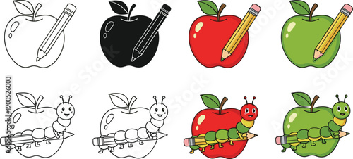 Apple and pencil illustration set with cute caterpillar character, line art, silhouette, and colored versions for education, learning, school, and kids designs