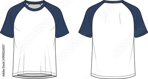 Technical fashion illustration of men’s raglan sleeve T shirt with contrast sleeves, crew neck, casual sporty top, front and back views